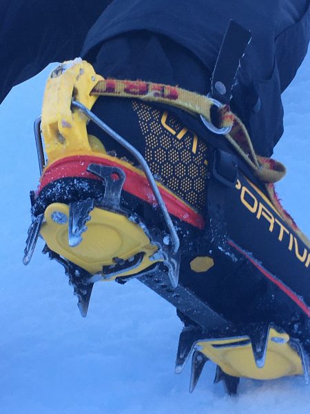 crampon foot placement on alpine mountaineering skills course